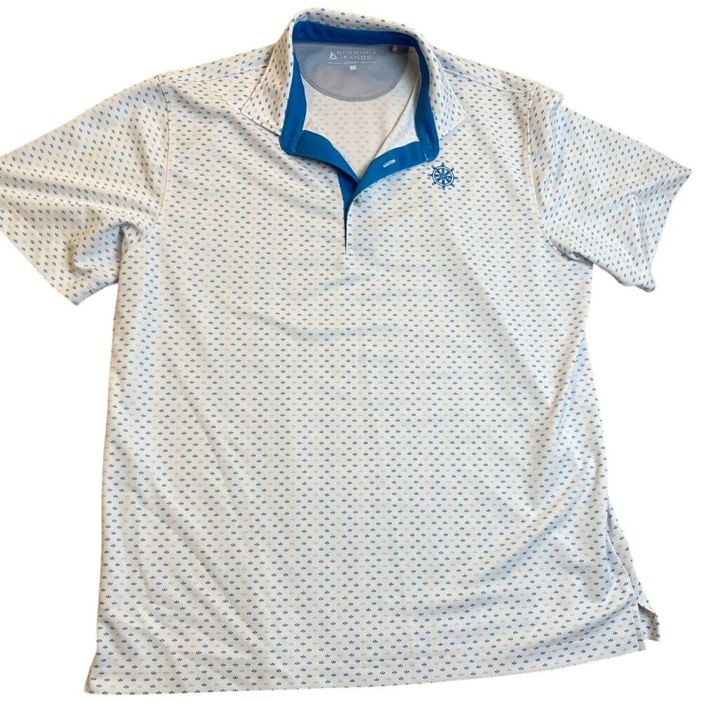 Bermuda Sands Mens Polo Shirt Large Short Sleeve White Blue Nautical Casual
